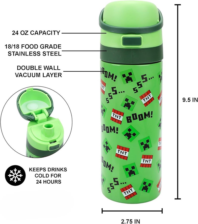 Bio World Minecraft Boom Green 24 Oz Stainless Steel Water Bottle - Image 1